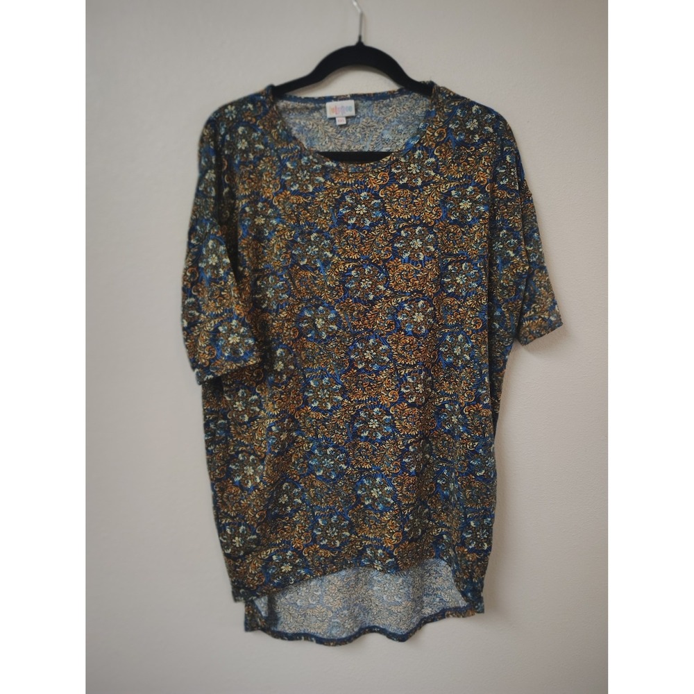 LuLaRoe Irma Tunic Top Blue Gold Floral Paisley Damask High Low XXS Womens